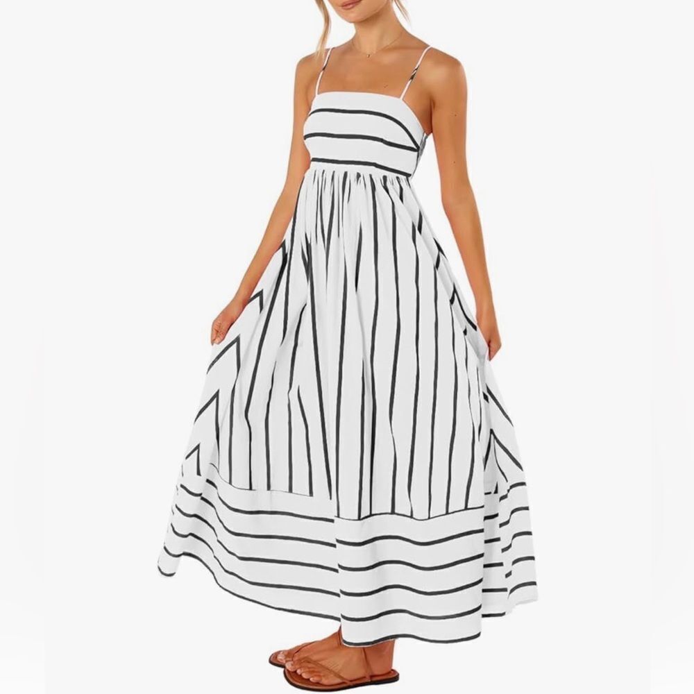 Chouyatou Women's Striped Back Smocked Maxi Flowy Swing Long Dress
